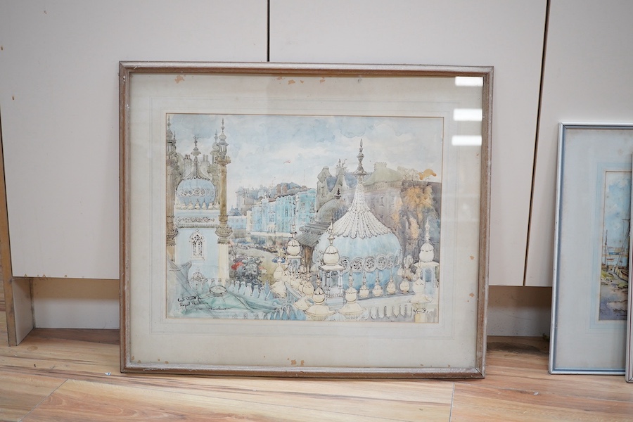 Doris Kirlew, ink and watercolour, City view, inscribed in ink, together with two other watercolours, Cornish harbour view and Sheep grazing, largest 37 x 50cm. Condition - poor to fair